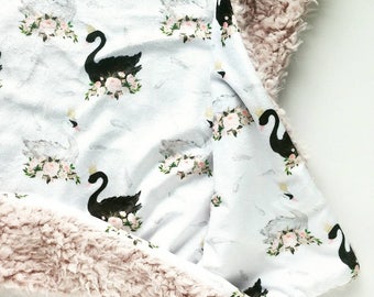 Watercolor Swan Baby Blanket, Minky Baby Blanket, Faux Fur Blanket, Girl Blanket, Blush Baby Blanket, Pink Baby Blanket, Swan Baby Blanket