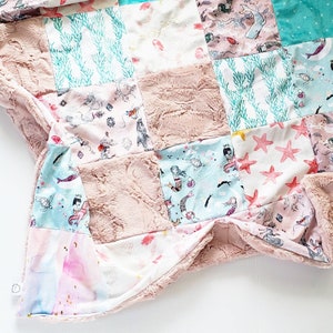 Introducing &quot;Ursula&quot; Pieced Baby Blanket, Minky Baby Blanket, Faux Fur Baby Blanket, Mermaid Baby Blanket, Seashell Blanket, Blush, Ocean