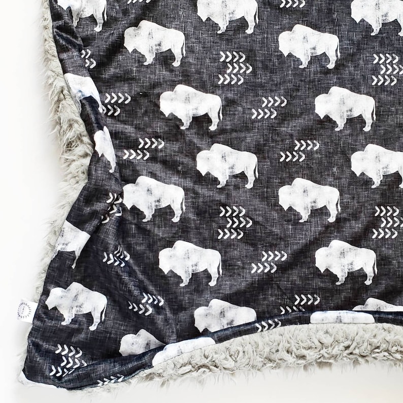 Black Linen Buffalo Blanket Minky Baby Blanket Faux Fur Baby Etsy