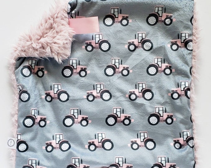Pink Tractor Lovey, Minky Lovey, Faux Fur Lovey, Tractor Lovey, Pink