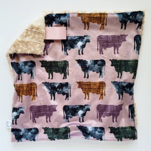 Cow Lovey, Minky Lovey, Faux Fur Lovey, Watercolor Cow Lovey, Cow Farmer Lovey, Girl Lovey, Farming Lovey, Fall Lovey, Linen Lovey, Mauve