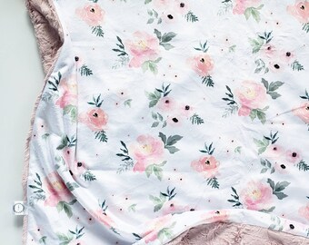 Pink and Grey Floral Baby Blanket, Floral Baby Blanket, Minky Baby Blanket, Faux Fur Baby Blanket, Girl Baby Blanket, Watercolor Blanket