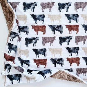 Cow Baby Blanket, Minky Baby Blanket, Faux Fur Baby Blanket, Boy Blanket, Cattle Blanket, Farm Baby Blanket, Copper, Linen, Black, Moo, Tan