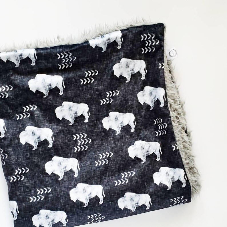 Black Linen Buffalo Blanket Minky Baby Blanket Faux Fur Baby Etsy