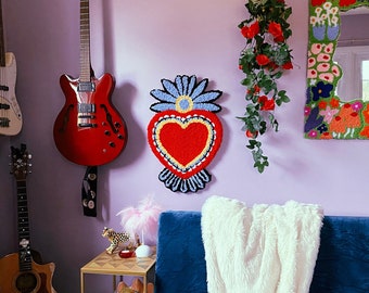 Large Punch Needled Sacred Milagro Heart Wall Hanging -  Hand Tufted Kitsch Maximalist Eclectic Colorful Funky Trendy Wall Rug Art Decor