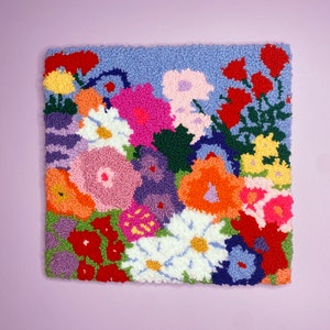 Large Punch Needled Flowers Wall Hanging -  Hand Tufted Floral Maximalist Eclectic Colorful Funky Trendy Wall Rug Art Decor Dopamine Pop Art