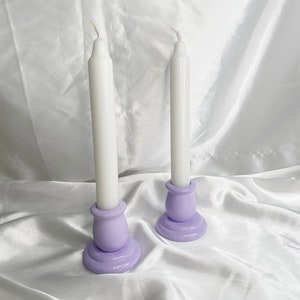 Set of 2 Purple Wooden Candlestick Holders / Candlesticks - Taper Candle Holder - Cute Pastel Aesthetic Colorful Table Centerpiece Decor