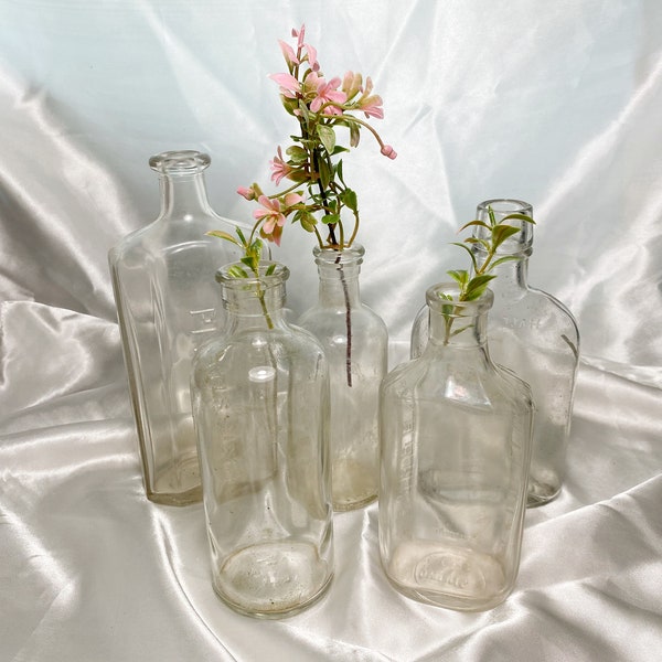 Assorted Vintage Rustic Weathered Glass Bottles, Large Decorative Clear Glass Vase, Simple Minimalist Tabletop Decor, Antique Glass Bottles