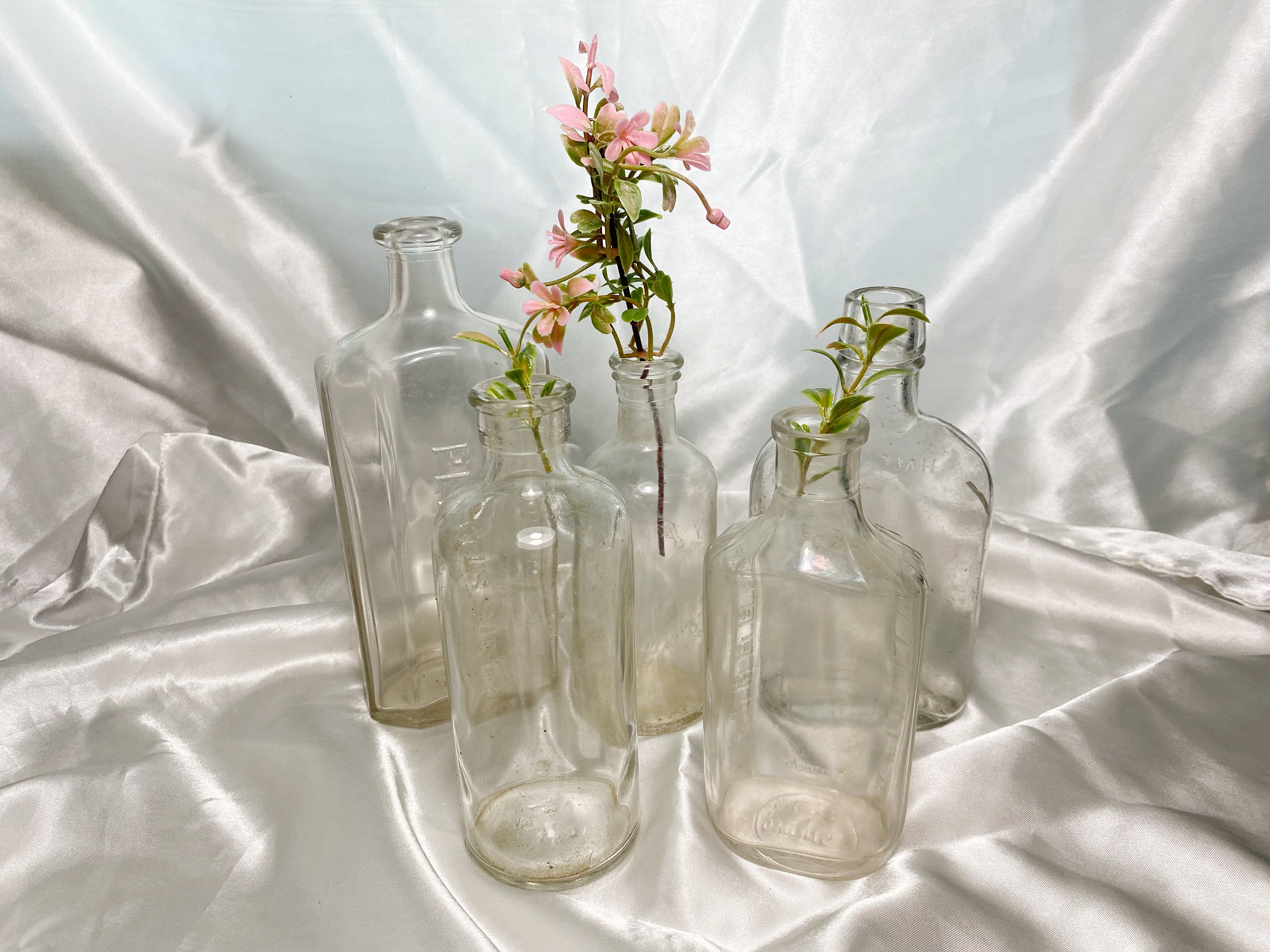 Assorted Antique Clear Glass Bottle, Farmhouse Decor Flower Vase