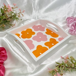 Funky Small Floral Wooden Tray, Coffee Table Catchall Tray, Bathroom / Vanity Perfume Tray Organizer, Eclectic Cute Colorful Dopamine Decor