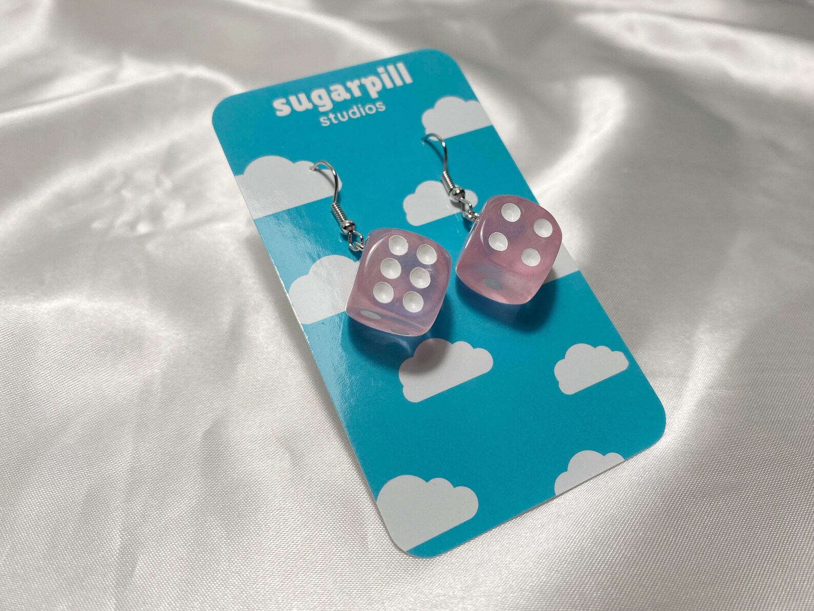 Pink & White Dice Charm Earrings Cute Earrings Dangle Etsy