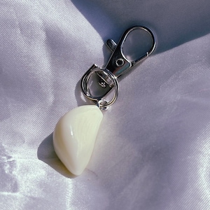 Op de afbeelding: Een zilverkleurige sleutelhanger met een karabijnhaak en een knoflookteentje als bedel. De knoflookteen is gebroken wit en heeft een gladde, afgeronde vorm. De sleutelhanger is geplaatst tegen een witte, getextureerde achtergrond.