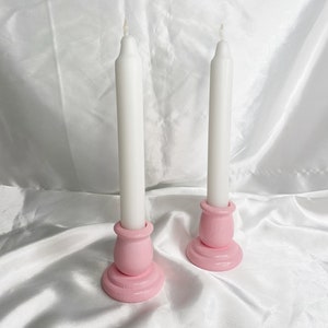 Set of 2 Pink Wooden Candlestick Holders / Candlesticks - Taper Candle Holder - Cute Pastel Aesthetic Minimalist Tabletop Centerpiece Decor