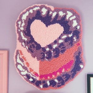 Large Punch Needled Heart Cake Wall Hanging -  Hand Tufted Kitsch Maximalist Eclectic Colorful Funky Trendy Wall Rug Art Decor Pop Art