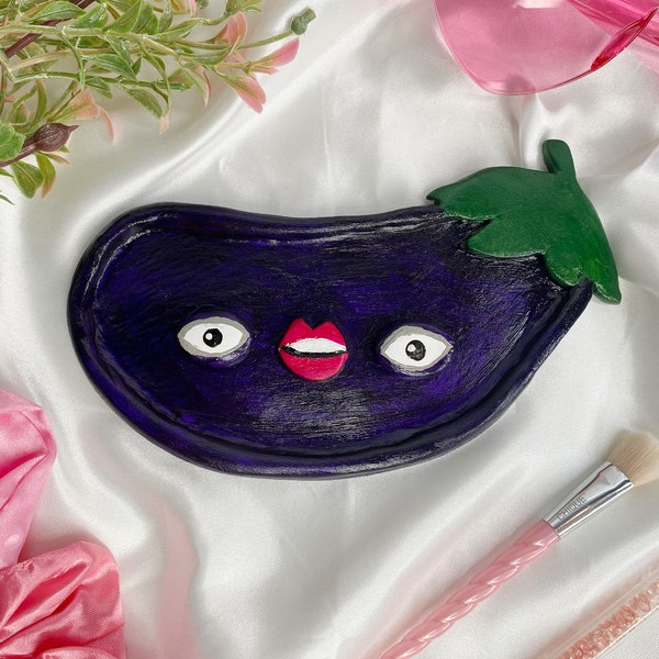 Funky Eggplant Jewelry Tray, Ring Dish, Valet Tray, Catch All Tray,  Trinket Dish,  Ash Tray,  Vanity Ring Holder, Eclectic Decor, Pop Art