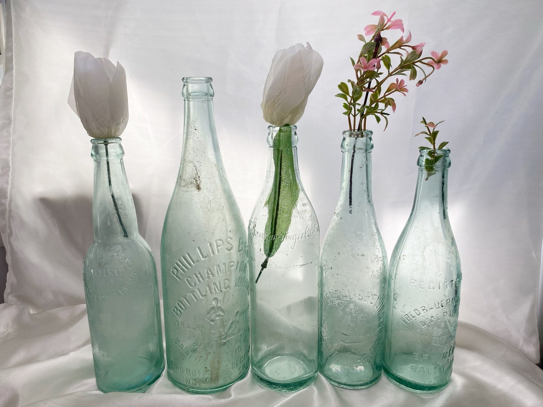 Assorted Vintage Rustic Weathered Glass Bottles, Large Decorative Clear Glass Vase, Simple