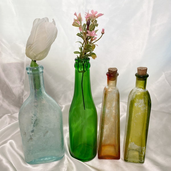 Assorted Vintage Rustic Weathered Glass Bottles, Small Decorative Glass Vase / Vases Simple Minimalist Tabletop Decor, Antique Glass Bottles