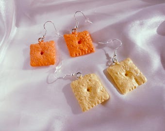 Cheese Cracker Earrings - Cute Cheesy Snack Food Jewelry - Fun Funky Cheez Kawaii Accessories Gifts Quirky Iconic Nostalgic Trendy Earrings