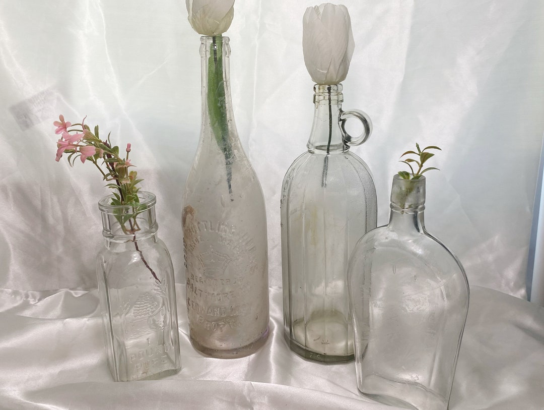 Assorted Vintage Rustic Weathered Glass Bottles, Large Decorative Clear Glass Vase, Simple