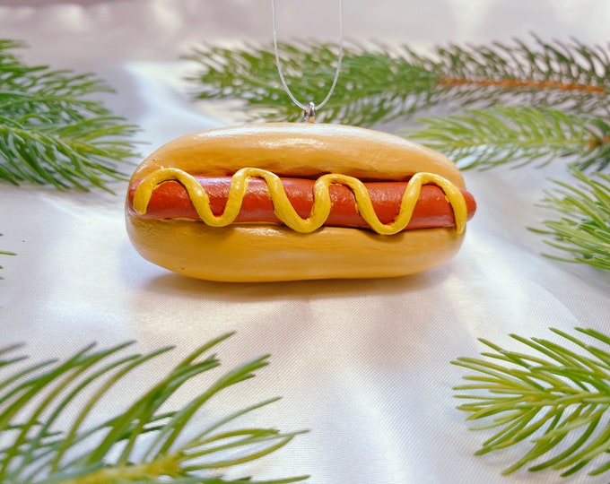Hot Dog Ornament - Small Funky Hot Dog Hanging Accessory - Rearview Mirror Hanging Car Decor - Cute Eclectic Fun Christmas Tree Gift