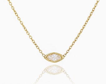 Marquise Diamond Solitaire Necklace, Bezel Set Marquise Cut 0.10 ct Natural Diamond Charm Necklace, Minimalist 14K Gold Diamond Necklace