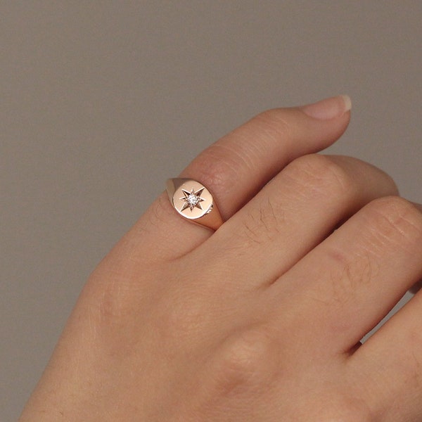 Polaris Signet Ring, Diamond Signet Ring, Pinky Signet Ring, Star Setting Natural Diamond Signet Ring, Minimalist Signet Ring
