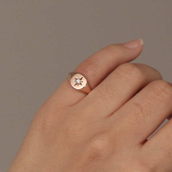 Pinky Siegelring, Polaris Siegelring, Diamant Siegelring, Stern-Einstellung Naturdiamant Siegelring, Minimalistischer Siegelring