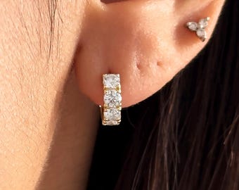 14K Solid Gold 3mm Lab Grown Diamond Full Eternity 11mm Huggie Hoop Earrings, Single or Pair