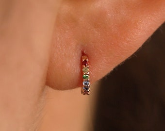 8mm Rainbow Sapphire Huggie Earring, Multi Colored Sapphire Hoop Earrings, Colorful Rainbow Huggie Hoop Earrings, Single or Pair