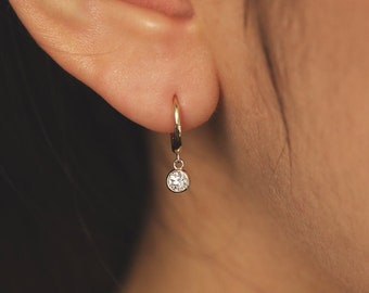 Diamond Earrings, 11mm Huggie Earrings, Dangle Charm Earrings, 14K  / 18K Diamond Hoop Earrings, Diamond Dangle Earrings, Diamond Huggies