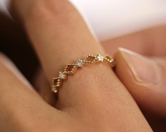 Diamond Wedding Ring, 14K Solid Gold 0.09 CTW Diamond Alternating Bead Diamond Detail Ring, Engagement Band, Wedding Band, Stackable Rings