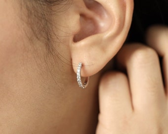 15mm Diamond Hoop Earrings / Diamond Huggie Hoop Earrings / Diamond Earrings / Hoop Earrings Huggie Earrings, Single or Pair