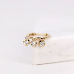 Huggie Hoop Earrings with Three Diamond Dangle Charms, 14K Gold 11mm Hoop Earrings with Dangle Diamonds, Three Bezel Diamond Dangle Earrings image 2
