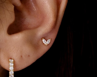 14K Solid Gold Twin Marquise Wing Lab Grown Diamond Stud Piercing, Duo Marquise Leaf Stud Earring, Flat Screw Back Push Back, Single or Pair