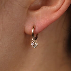 Huggie Hoop Earrings with Three Diamond Dangle Charms, 14K Gold 11mm Hoop Earrings with Dangle Diamonds, Three Bezel Diamond Dangle Earrings image 1