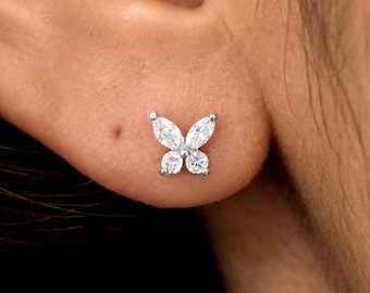 Lab Grown Diamond Butterfly Earring, Butterfly Screwback Earring, 14K Solid Gold Butterfly Piercing Stud, Single Stud or Pair
