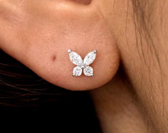 Lab Grown Diamond Butterfly Earring, Butterfly Screwback Earring, 14K Solid Gold Butterfly Piercing Stud, Single Stud or Pair