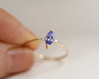 Tanzanite Marquise Double Diamond Ring Band, Engagement Wedding Ring, 10K 14K Solid Gold Ring, Diamond Ring, Stackable Rings, Gifts for Her