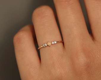 Dainty Opal and Diamonds Ring, Wedding Band, Opal with Side Brilliant Round Cut Diamonds Ring, Diamond Engagement Ring, Stacking Ring