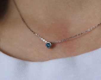 Blue Diamond Necklace, Blue Diamond Solitaire Necklace, Blue Diamond Tube Bezel Necklace, Minimalist Necklace, Birthday Anniversary Gift