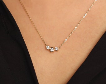 Diamond Necklace, Trio Diamond Pendant Necklace, 14K Gold Diamond Necklace, 3 Bezel Diamond Necklace, Diamond Necklace, Anniversary Gift