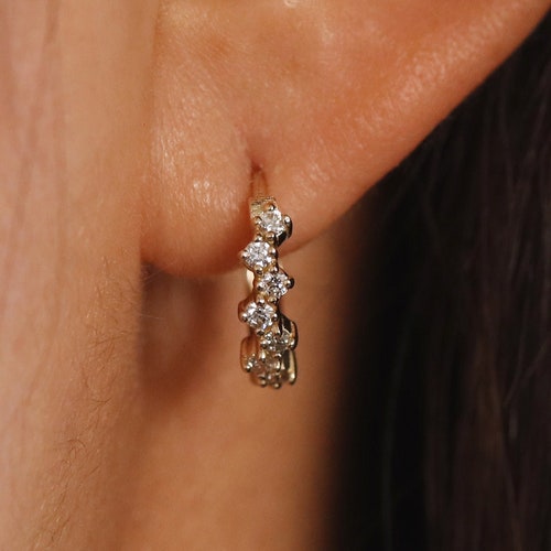 Diamond Cluster Huggie Earrings, 13mm Diamond Hoop Earrings, Huggie Hoop Earring, Hoop Earrings, Huggie Earrings, Single or Pair