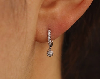 Bezel Drop Diamond Dangle Diamond Huggie Earrings / Diamond Hoop Earrings with Diamond Charm / 9mm Diamond Hoop Earrings / Single or a Pair