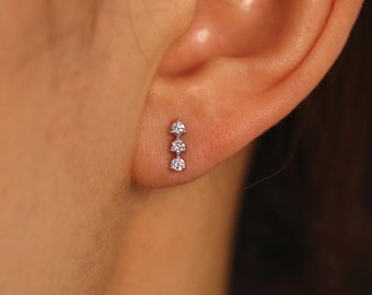 Diamond Earrings, Diamond Trio Stud, Triple Diamond Studs, Minimalist Earrings, Diamond Bar Stud, Sold as Single or Pair