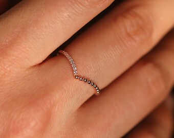 Mixed Bead and Diamond Duo Ring, Unique Chevron Diamond Ring, Beaded Chevron Wedding Ring, 14K Solid Gold Diamond Layering Ring, Guard Ring