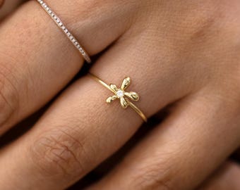 Floral Lab Grown Diamond Band, 14K Solid Gold Dainty Hawaiian Flower Marquise Cut Diamond Flower Ring, Plumeria Flower Ring