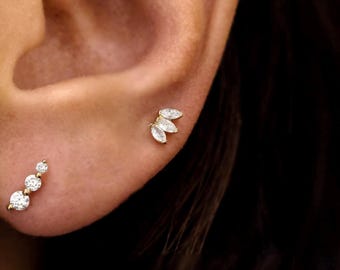 Dainty Triple Marquise Lab Grown Diamond Earring, 14K Solid Gold Trio Marquise Diamond Stud Piercing, Screw Back Push Back, Single or Pair