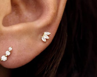 Dainty Triple Marquise Lab Grown Diamond Earring, 14K Solid Gold Trio Marquise Diamond Stud Piercing, Screw Back Push Back, Single or Pair