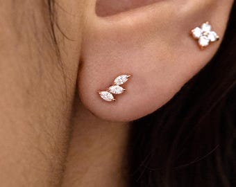 Triple Marquise Lab Grown Diamond Earring, 14K Solid Gold Trio Marquise Diamond Stud Piercing, Screw Back Push Back Stud, Single or Pair