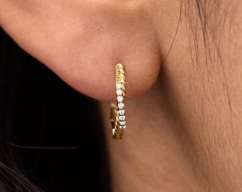 Twist Milgrain Detail Huggie Hoops with Lab Grown Diamonds, 14K Solid Gold Diamond Huggie Hoop Earrings, Single or Pair